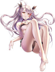 Rule 34 | 1girl, absurdres, antenna hair, ass, azur lane, bare legs, barefoot, bikini, black bikini, black choker, blush, breasts, choker, closed mouth, cross, cross earrings, earrings, feet, finger to mouth, hair ribbon, highres, iron cross, jewelry, long hair, looking at viewer, multicolored hair, orange eyes, prinz eugen (azur lane), prinz eugen (unfading smile) (azur lane), ribbon, side-tie bikini bottom, silver hair, sitting, smile, solo, streaked hair, swept bangs, swimsuit, toes, tongue, tongue out, two side up, violetshit