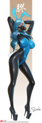 Rule 34 | 1girl, animal ears, arms up, blue eyes, blue hair, bodystocking, bodysuit, bow, bowtie, breasts, contrapposto, detached collar, gas mask, high heels, highleg, highres, large breasts, latex, latex bodysuit, leotard, long hair, looking at viewer, mask, original, platform footwear, platform heels, playboy bunny, rabbit ears, rabbit tail, sade abyss, skin tight, solo, stretching, tail