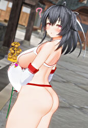 Rule 34 | 3d, ?, ahoge, ass, bell, black hair, blush, breasts, custom maid 3d 2, detached sleeves, japanese clothes, jingle bell, kagura suzu, large breasts, looking at viewer, looking back, medium hair, miko, nontraditional miko, omg, revealing clothes, sideboob