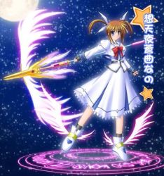 Rule 34 | 00s, 1girl, bow, energy wings, fingerless gloves, gloves, lowres, lyrical nanoha, magazine (weapon), magic circle, magical girl, mahou shoujo lyrical nanoha, mahou shoujo lyrical nanoha a&#039;s, moon, purple eyes, raising heart, raising heart (exelion mode), red bow, red hair, shoes, solo, star (sky), star (symbol), takamachi nanoha, takamachi nanoha (sacred mode), twintails, weapon, winged footwear, wings