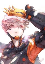 Rule 34 | 1girl, animification, apex legends, armor, bodysuit, brown eyes, cable, floating hair, gloves, highres, kazama raita, lens flare, open hand, orange bodysuit, parted lips, science fiction, short hair, solo, upper body, valkyrie (apex legends), white background, yellow gloves