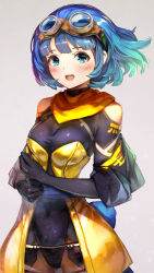 Rule 34 | 1girl, blue hair, blunt bangs, blush, breasts, cowboy shot, dragon quest, dragon quest x, eyelashes, gloves, goggles, goggles on head, green eyes, grey background, highres, kawamatsu yoshinori, long sleeves, looking at viewer, medium breasts, multicolored hair, open mouth, orange scarf, own hands together, scarf, seraphy (dq10), short hair, simple background, skin tight, solo, square enix, teeth, upper teeth only