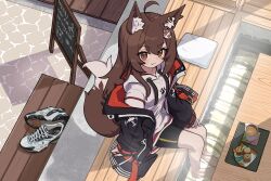 1girl :3 animal_ears barefoot bike_shorts biscuit_(bread) black_jacket black_shorts brown_eyes brown_hair cappuccino chalkboard_sign fang fang_out fox_ears fox_girl fox_tail ghostfox9 hood hood_down hoodie jacket long_hair long_sleeves looking_at_viewer menu_board oni_kitsune_(ghostfox9) open_clothes open_jacket original saucer shoes shorts sitting smile sneakers soaking_feet tail unworn_shoes white_hoodie