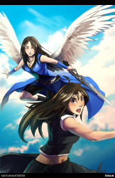 Rule 34 | 00s, 1990s (style), 2girls, angel wings, artist name, bare shoulders, belt, black hair, brown hair, cloud, dead fantasy, final fantasy, final fantasy vii, final fantasy vii advent children, final fantasy viii, gunblade, jewelry, lips, long hair, midriff, multiple girls, navel, necklace, open mouth, rinoa heartilly, serain, sketchfighter316, smile, tifa lockhart, weapon, wings, wink