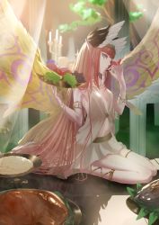 Rule 34 | 1girl, absurdly long hair, apple, aqua eyes, armlet, black wings, bracelet, breasts, candle, candlestand, circe (fate), fate/grand order, fate (series), feathered wings, feathers, food, fruit, grapes, head tilt, head wings, highres, holding, jewelry, kuronoiparoma, long hair, miniskirt, multicolored eyes, multicolored hair, navel, orange hair, pink eyes, pointy ears, red hair, reflection, sitting, skirt, small breasts, solo, stomach, straight hair, thigh strap, tiara, tree, two-tone hair, very long hair, wariza, white skirt, white wings, wings, yellow wings