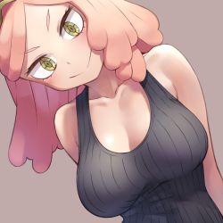 Rule 34 | 1girl, black shirt, blush, boku no hero academia, breasts, cleavage, collarbone, commentary request, hatsume mei, head tilt, large breasts, looking at viewer, medium hair, mochi (mochi444420), pink hair, ribbed shirt, shirt, smile, solo, symbol-shaped pupils, tank top, upper body, yellow eyes