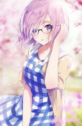 Rule 34 | 1girl, black-framed eyewear, blue dress, blurry, blush, cardigan, casual, cherry blossoms, day, depth of field, dress, fate (series), floating hair, glasses, hair over one eye, hand in own hair, hand up, light purple hair, looking at viewer, mash kyrielight, mash kyrielight (senpai killer outfit), official alternate costume, open cardigan, open clothes, outdoors, parted lips, pink hair, plaid, plaid dress, purple eyes, semi-rimless eyewear, short hair, solo, tr (kangtw123), under-rim eyewear, wind