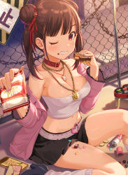Rule 34 | 1girl, bare shoulders, belt, black footwear, black skirt, blush, breasts, brown hair, candy, chain, chain-link fence, chocolate, cleavage, collar, collarbone, commentary request, crop top, double bun, fence, food, food on face, grin, hair bun, high heels, highres, holding, idolmaster, idolmaster shiny colors, jacket, jewelry, joey koguma, kneehighs, lock, long hair, long sleeves, looking at viewer, medium breasts, midriff, miniskirt, navel, necklace, off shoulder, one eye closed, open clothes, open jacket, outdoors, padlock, pleated skirt, red eyes, shoes, sitting, skirt, smile, socks, solo, sonoda chiyoko, strapless, teeth, thighs, tube top, twintails, white socks