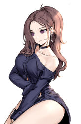 Rule 34 | 1girl, black choker, blue dress, breasts, brown hair, choker, closed mouth, copyright request, crescent, crescent earrings, dress, earrings, high ponytail, jewelry, large breasts, off shoulder, purple eyes, simple background, siun, smile, solo, white background
