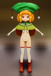 Rule 34 | 1girl, 3d, blonde hair, breasts, cape, drill hair, eyebrows, female focus, flat chest, full body, happy, hat, kuroinu ~kedakaki seijo wa hakudaku ni somaru~, long hair, looking at viewer, navel, nipples, open mouth, outstretched arms, pussy shield, quad drills, red eyes, ruu ruu, shoes, socks, solo, spread arms, standing, thong