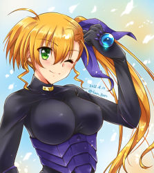 Rule 34 | 1girl, ahoge, artist name, black bodysuit, blonde hair, blush, bodysuit, breasts, closed mouth, covered collarbone, dated, green eyes, hair ornament, hair ribbon, highres, large breasts, long hair, looking at viewer, lyrical nanoha, mahou shoujo lyrical nanoha strikers, mahou shoujo lyrical nanoha vivid, one eye closed, ponytail, ribbon, san-pon, smile, solo, upper body, vivio