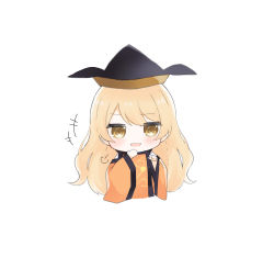 Rule 34 | 1girl, black hat, blonde hair, blush, brown hat, cape, detached sleeves, hair between eyes, hands up, hat, highres, long hair, long sleeves, looking at viewer, matara okina, open mouth, orange cape, orange sleeves, pointing, pointing at viewer, shirt, simple background, smile, solo, sun symbol, touhou, umi (nana spring), white background, white shirt, yellow eyes