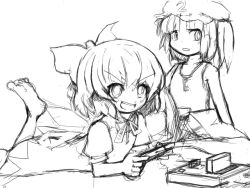 Rule 34 | 2girls, barefoot, bow, cirno, famicom, feet, female focus, game console, greyscale, kawashiro nitori, luft, monochrome, multiple girls, playing games, sketch, touhou, two side up, video game