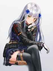 Rule 34 | 1girl, black skirt, black thighhighs, blush, closed mouth, crossed legs, eyebrows hidden by hair, facial mark, feet out of frame, german flag, girls&#039; frontline, gloves, green eyes, grey background, hair ornament, hand up, hk416 (girls&#039; frontline), jacket, long hair, long sleeves, looking at viewer, pleated skirt, purple jacket, silence girl, silver hair, simple background, sitting, skirt, solo, thighhighs, very long hair, white gloves
