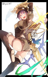 Rule 34 | 10s, 1girl, :d, arrow (projectile), ass, black hair, blue eyes, blush, boots, bow (weapon), brown footwear, brown thighhighs, drill, fang, feena (shingeki no bahamut), gauntlets, gloves, granblue fantasy, hat, looking at viewer, nanahara fuyuki, open mouth, purple hair, quiver, shingeki no bahamut, short hair, short shorts, shorts, simple background, smile, solo, thigh boots, thighhighs, weapon