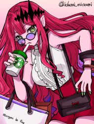 Rule 34 | 1girl, bag, baobhan sith (fate), bare shoulders, breasts, center frills, cup, drinking straw, earrings, fate/grand order, fate (series), frills, green eyes, highres, izumi minami, jewelry, large breasts, long hair, looking at viewer, looking over eyewear, open mouth, pink hair, pointy ears, purple-tinted eyewear, red shorts, round eyewear, shirt, shorts, shoulder bag, sidelocks, sleeveless, sleeveless shirt, sunglasses, thighs, tiara, tinted eyewear, white shirt