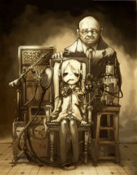 Rule 34 | 1boy, 1girl, blouse, cable, chair, creepy, facial hair, glasses, hatsune miku, horror (theme), kikai (akita morgue), long hair, machine, mechanical parts, microphone, microphone stand, monochrome, mustache, necktie, old, old man, pantyhose, saliva, sepia, shirt, sitting, sleeveless, sleeveless shirt, thighhighs, twintails, very long hair, vocaloid, what