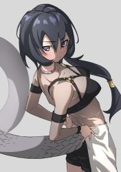 Rule 34 | 1girl, :/, absurdres, black eyes, black hair, black mamba (kemono friends), black shorts, breasts, closed mouth, collar, collarbone, commentary, eyes visible through hair, from side, grey background, hair between eyes, hands on own hips, highres, kemono friends, long hair, looking at viewer, looking back, medium breasts, o-ring, o-ring top, official alternate costume, parted bangs, pink collar, short shorts, shorts, side ponytail, simple background, snake tail, solo, studded collar, tail, tanabe (fueisei), v-shaped eyebrows