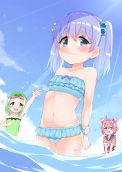 Rule 34 | 3girls, :3, :d, absurdres, ahoge, arm up, bad id, bad pixiv id, bare arms, bare shoulders, bikini, black bow, black one-piece swimsuit, black sailor collar, blue bikini, blue eyes, blue hair, blue sky, blush, bow, cacao (chocolat), casual one-piece swimsuit, closed mouth, cloud, collarbone, commentary request, day, fingernails, frilled swimsuit, frills, green eyes, green hair, green one-piece swimsuit, groin, hair between eyes, hair bobbles, hair ornament, highres, long hair, morinaka kazaki, multiple girls, navel, nijisanji, one-piece swimsuit, open mouth, outdoors, outstretched arm, pink hair, red eyes, red shirt, round teeth, sailor collar, shirt, short hair, short sleeves, side-tie bikini bottom, sky, smile, standing, strapless, strapless bikini, swimsuit, swimsuit under clothes, teeth, twintails, upper teeth only, ushimi ichigo, v arms, virtual youtuber, wading, water, wet, yuuki chihiro