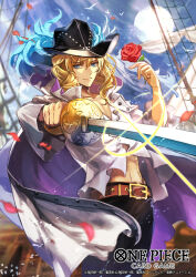 Rule 34 | 1boy, black hat, blonde hair, blue eyes, cavendish, closed mouth, commentary, commentary request, english commentary, english text, flower, frilled shirt, frills, hat, hat feather, holding, holding flower, holding sword, holding weapon, long hair, male focus, mixed-language commentary, nijihayashi, official art, one piece, one piece card game, outdoors, red flower, shirt, smile, solo, sword, translation request, weapon