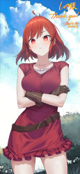 Rule 34 | 1girl, borrowed character, breasts, brown gloves, brown hair, cloud, commission, crossed arms, dated, day, dress, earrings, frown, gloves, highres, jewelry, medium breasts, medium hair, mstm, original, outdoors, red dress, red eyes, skeb commission, standing, thank you, tree, tsundere
