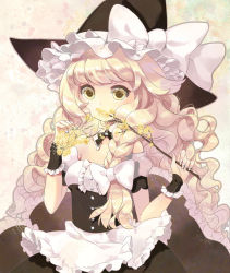 Rule 34 | 1girl, alternate costume, apron, bare shoulders, blonde hair, bow, braid, branch, corset, covering face, covering own mouth, covering privates, female focus, frills, glitter, hair bow, hat, hat bow, kirisame marisa, long hair, nail polish, seal (pukozin), side braid, solo, touhou, wavy hair, witch, witch hat, wrist cuffs, yellow eyes