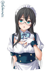 Rule 34 | 1girl, apron, black hair, blush, breasts, buttons, chestnut mouth, commentary request, cropped torso, double-breasted, ebifurya, frilled apron, frills, gloves, hand up, highres, kantai collection, long hair, looking at viewer, maid, maid apron, maid headdress, one-hour drawing challenge, ooyodo (kancolle), puffy short sleeves, puffy sleeves, round eyewear, short sleeves, simple background, solo, twitter username, upper body, white background, white gloves