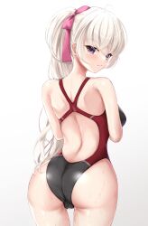 Rule 34 | 1girl, absurdres, ahoge, akizuki kanna, ass, back, black one-piece swimsuit, cafe stella to shinigami no chou, cameltoe, closed mouth, commentary, competition swimsuit, crossed bangs, eyes visible through hair, from behind, frown, hair ribbon, highres, long hair, looking at viewer, looking back, ncontrail (mgax7527), one-piece swimsuit, pink ribbon, ponytail, purple eyes, revision, ribbon, shiny skin, shoulder blades, sidelocks, simple background, solo, standing, swimsuit, taut clothes, taut swimsuit, very long hair, wet, white background, white hair
