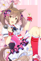 Rule 34 | 1girl, animal ears, black bow, black bowtie, bloomers, bow, bowtie, bridal garter, brooch, brown eyes, brown hair, collared dress, commentary, cross-laced footwear, dress, floating, floral background, frilled cuffs, frilled dress, frilled sleeves, frilled socks, frills, hair bow, hair ribbon, highres, holding, holding microphone, horse ears, horse girl, horse tail, index finger raised, jewelry, kuon kimi, layered dress, looking at viewer, medium hair, microphone, open mouth, pink background, pink dress, pink footwear, pink ribbon, puffy short sleeves, puffy sleeves, red socks, ribbon, shoes, short dress, short sleeves, smart falcon (umamusume), smile, socks, solo, tail, twintails, umamusume, underwear, white bloomers