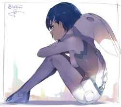 Rule 34 | 10s, 1girl, arm rest, blurry, blurry background, blush, bodysuit, braid, breasts, closed mouth, darling in the franxx, from side, full body, hair ornament, hairclip, hand on own arm, highres, ichigo (darling in the franxx), isshiki (ffmania7), knees up, looking at viewer, looking to the side, profile, short hair, sideways glance, signature, sitting, skin tight, small breasts, solo, twin braids, white bodysuit