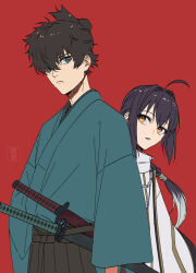 Rule 34 | 1boy, 1other, ahoge, androgynous, arm at side, black hair, black hakama, blue eyes, blue kimono, braid, braided ponytail, brown hair, closed mouth, cowboy shot, dot nose, fate/samurai remnant, fate (series), gradient hair, hair intakes, hakama, hand under clothes, height difference, high collar, highres, japanese clothes, katana, kibou, kimono, long hair, long sleeves, looking at another, looking down, looking to the side, looking up, miyamoto iori (fate), multicolored hair, orange eyes, parted lips, red background, saber (fate/samurai remnant), sheath, sheathed, shirt, short hair, signature, simple background, single braid, sword, topknot, weapon, white hair, white shirt, wide sleeves