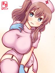 Rule 34 | 1girl, alternate costume, artist logo, blue gloves, breasts, brown hair, commentary request, cowboy shot, dated, dress, garter straps, gloves, grey eyes, hair between eyes, hat, kanon (kurogane knights), kantai collection, large breasts, nurse, nurse cap, one-hour drawing challenge, pink dress, pink thighhighs, saratoga (kancolle), sidelocks, simple background, solo, thighhighs, white background