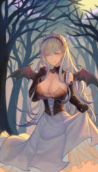 Rule 34 | 1girl, azur lane, bat wings, belfast (azur lane), black collar, black corset, black gloves, breasts, cleavage, collar, corset, detached collar, dress, elbow gloves, fang, fang out, frilled dress, frilled hairband, frills, gloves, hairband, halloween, highres, large breasts, long dress, outdoors, purple eyes, solo, tree, white dress, white hair, wings, zel