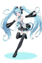 Rule 34 | 1girl, :d, absurdres, ahoge, black footwear, black skirt, black sleeves, blue eyes, blue hair, blue necktie, boots, breasts, collared shirt, detached sleeves, floating hair, full body, grey shirt, hair between eyes, hatsune miku, headphones, headset, highres, leg up, long hair, long sleeves, microphone, miniskirt, necktie, open mouth, outstretched arms, pleated skirt, procrastinator, procrastinator39, shirt, simple background, skirt, sleeveless, sleeveless shirt, small breasts, smile, solo, standing, standing on one leg, thigh boots, thighhighs, twintails, very long hair, vocaloid, white background, wing collar, zettai ryouiki