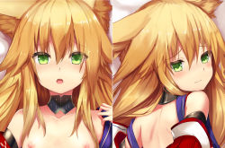 Rule 34 | 1girl, animal ears, backless dress, backless outfit, bare shoulders, blonde hair, blush, breasts, closed mouth, collar, commentary request, cropped, dakimakura (medium), detached sleeves, dress, embarrassed, face, fox ears, green eyes, hair between eyes, kokonoe tsubaki, long hair, looking at viewer, looking back, lying, multiple views, nipples, off shoulder, on back, on bed, on stomach, original, parted lips, small breasts, yoshizawa tsubaki