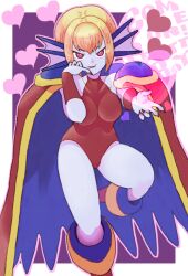 Rule 34 | 1girl, blonde hair, blue skin, breasts, bright pupils, cape, carmilla (seiken densetsu), colored skin, covered navel, fangs, fingernails, fins, hand up, head fins, heart, leg up, leotard, medium breasts, nail polish, open mouth, outstretched arm, pink eyes, red leotard, red nails, seiken densetsu, seiken densetsu 3, sharp fingernails, sicky (pit-bull), smile, solo, tsurime, white pupils