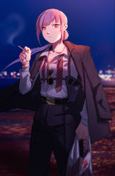 Rule 34 | 1girl, absurdres, alternate costume, bag, cigarette, commentary, english commentary, unworn eyewear, highres, holding, holding bag, holding cigarette, hololive, hololive english, jacket, jacket on shoulders, looking at viewer, mafia, mori calliope, nail polish, pink eyes, pink hair, shirt tucked in, smoking, solo, sunglasses, sunglasses removed, textless version, vincent wu, virtual youtuber