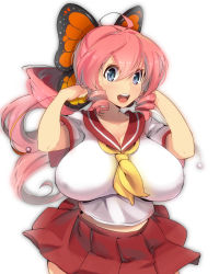 Rule 34 | 1girl, ahoge, alternate costume, bad id, bad pixiv id, blue eyes, blush, breasts, butterfly hair ornament, drill hair, drill ponytail, female focus, hair between eyes, hair ornament, huge breasts, large breasts, long hair, magister, open mouth, original, pink hair, revision, sakuraba himari (magister), school uniform, serafuku, simple background, skirt, smile, solo, white background
