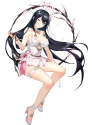 1girl bare_legs bare_shoulders black_hair blue_eyes breasts cleavage closers cutout_above_navel flower full_body gradient_clothes grin hair_flower hair_ornament high_heels highres invisible_chair jewelry long_hair looking_at_viewer medium_breasts miniskirt necklace non-web_source official_art one_eye_closed pink_skirt shirt side_slit simple_background sitting skirt sleeveless sleeveless_shirt smile solo spaghetti_strap thighs very_long_hair white_background white_shirt wristband yuri_seo