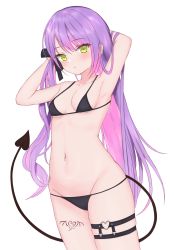 Rule 34 | 1girl, :d, adjusting hair, armpits, arms up, bare arms, bikini, black bikini, black ribbon, blush, breasts, chocomaru, collarbone, demon tail, earrings, green eyes, groin, hair down, hair ribbon, halterneck, highres, hololive, jewelry, leg tattoo, long hair, looking at viewer, multicolored hair, navel, navel piercing, o-ring, o-ring thigh strap, open mouth, piercing, ribbon, side ponytail, simple background, skindentation, small breasts, smile, solo, swimsuit, tail, tattoo, thigh strap, tokoyami towa, two-tone hair, underboob, very long hair, virtual youtuber, white background