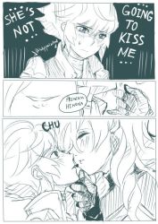 Rule 34 | 2girls, camilla (fire emblem), disappointed, closed eyes, fire emblem, fire emblem fates, grabbing another&#039;s chin, hair over one eye, hand on another&#039;s chin, heart, hinoka (fire emblem), kiss, long hair, monochrome, multiple girls, nintendo, open mouth, short hair, sound effects, thought bubble, toki-aah, yuri