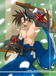 Rule 34 | 2002, blue hakama, brown hair, detached sleeves, folding fan, guilty gear, guilty gear x, hakama, hand fan, japanese clothes, kinomin, lowres, male focus, mito anji, no shirt, solo, spiked hair