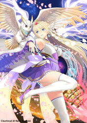 Rule 34 | 1girl, animal, bird, blonde hair, blue eyes, blush, breasts, cardfight!! vanguard, commentary request, detached sleeves, earrings, frilled skirt, frills, garter straps, hair ornament, high heels, holding, jewelry, leg up, long hair, medium breasts, official art, open mouth, owl, petals, pleated skirt, simple background, skirt, smile, thighhighs, thighs, tony taka, wide sleeves, wings