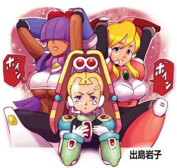 Rule 34 | &gt;:(, 3girls, alia (mega man), android, anger vein, angry, armor, arms behind head, arms up, artist name, blonde hair, blue eyes, bodysuit, bouncing breasts, breast envy, breasts, brooch, capcom, crop top, dark-skinned female, dark skin, dejima iwako, flat chest, frown, gloves, grin, hair ornament, hair over eyes, hands on own chest, headgear, headset, jewelry, large breasts, layer (mega man), light particles, long hair, looking at viewer, mega man (series), mega man x8, mega man x (series), mole, motion lines, multiple girls, no bra, pallette (mega man), pout, purple eyes, purple hair, robot ears, sidelocks, sitting, smile, speech bubble, tears, turtleneck, twintails, underboob, v-shaped eyebrows, very long hair