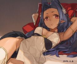 Rule 34 | 1girl, animal ear fluff, animal ears, arms behind head, arms up, blue hair, breasts, character request, cleavage, dated, hair intakes, looking at viewer, lying, on back, original, pointy ears, red eyes, solo, thighhighs, toro (konirio), white background