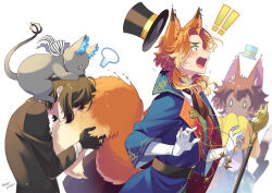 Rule 34 | !, !!, 0 0, 1other, 3boys, animal ears, arched back, belt, black gloves, blue coat, brown hair, cane, cape, cat, cat ears, cat tail, coat, covering own mouth, fellow honest, fire, fox ears, fox tail, gidel (twisted wonderland), gloves, grim (twisted wonderland), hat, high belt, highres, long hair, long sleeves, multiple boys, neck ribbon, orange hair, parted bangs, ribbon, school uniform, short hair, surprised, sweatdrop, tail, tail grab, top hat, twisted wonderland, uppi, visible air, yuu (twisted wonderland)