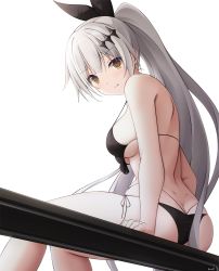 Rule 34 | 1girl, :q, arms at sides, ass, bare arms, bare shoulders, bikini, black bikini, breasts, butt crack, dimples of venus, five-seven (cruise queen) (girls&#039; frontline), five-seven (girls&#039; frontline), from side, front-tie bikini top, front-tie top, girls&#039; frontline, hair ornament, hair ribbon, halterneck, head tilt, highleg, highleg bikini, highres, keenh, legs together, long hair, looking at viewer, looking back, medium breasts, multi-strapped bikini, official alternate costume, ponytail, ribbon, side-tie bikini bottom, silver hair, simple background, sitting, skindentation, smile, solo, strap gap, string bikini, swimsuit, thighs, tongue, tongue out, very long hair, white background, wide hips, yellow eyes