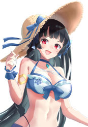 Rule 34 | 1girl, bare shoulders, bikini, black hair, blunt bangs, bow, bow bikini, braid, breasts, brooch, choker, cleavage, collarbone, epic seven, halterneck, hat, highleg, highleg bikini, highres, holding, holding clothes, holding hat, jewelry, karin (epic seven), large breasts, long hair, looking at viewer, navel, open mouth, red eyes, riroi, simple background, smile, solo, straw hat, sun hat, swimsuit, upper body, very long hair, white background
