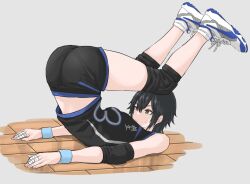 Rule 34 | 1girl, ass, bandaged fingers, bandages, black hair, brown eyes, elbow pads, fuku (fuku12290574), grey background, highres, jersey, knee pads, lying, on back, original, pantylines, shoes, short hair, shorts, simple background, sneakers, solo, sportswear, stretching, sweatdrop, volleyball uniform