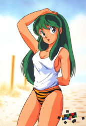 Rule 34 | 1980s (style), 1girl, arm behind back, arm up, bikini, bikini bottom only, blue eyes, cone horns, copyright name, cowboy shot, day, eyeshadow, green hair, hand on own head, highres, horns, long hair, lum, makeup, official art, oldschool, oni, open mouth, outdoors, retro artstyle, scan, shirt, solo, swimsuit, tank top, tiger stripes, urusei yatsura, white shirt